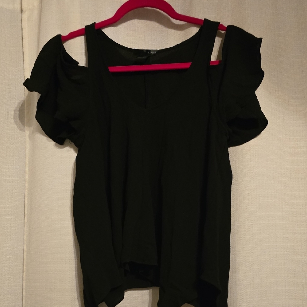 Aqua Black Ruffle-Sleeve V-Neck Top